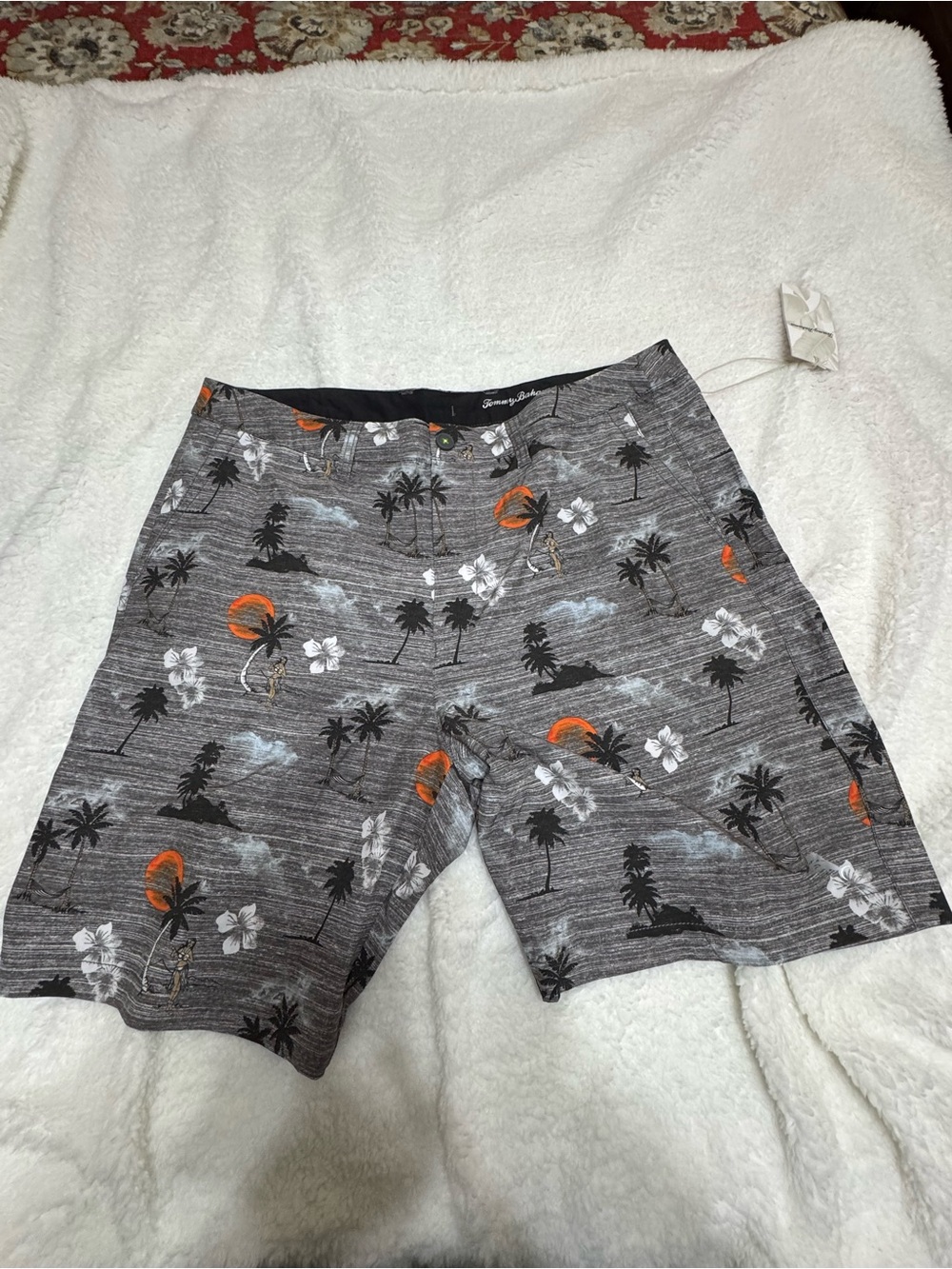 Men's Gray Tropical Print Swim Trunks - Orange & White Accents